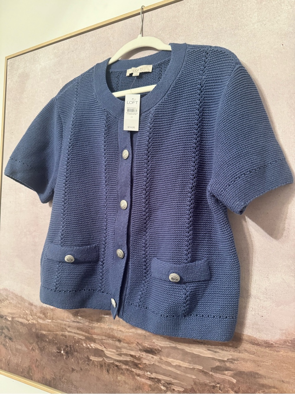 LOFT Blue Short-Sleeve Button Front Cardigan | Size L / NWT - Picture 4 of 6
